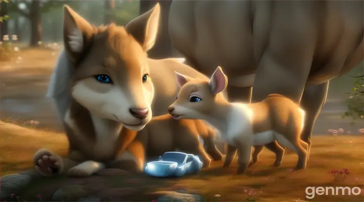 3d animation cartoon The doe breastfeeds, fosters and cares for the human baby until he is seven years old.