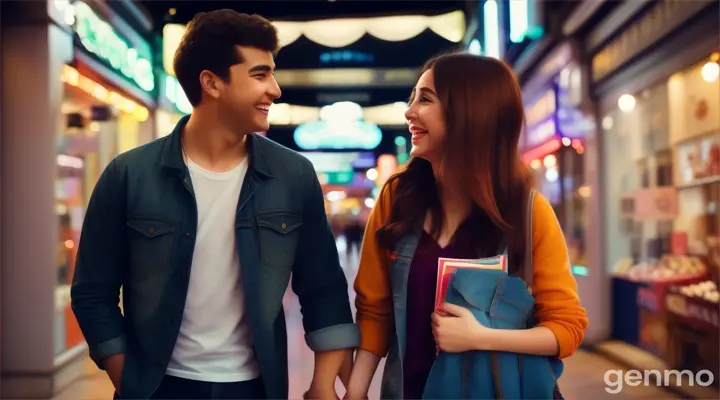 A Beautiful girl and her boy friend go to the shop and after cinema see film 