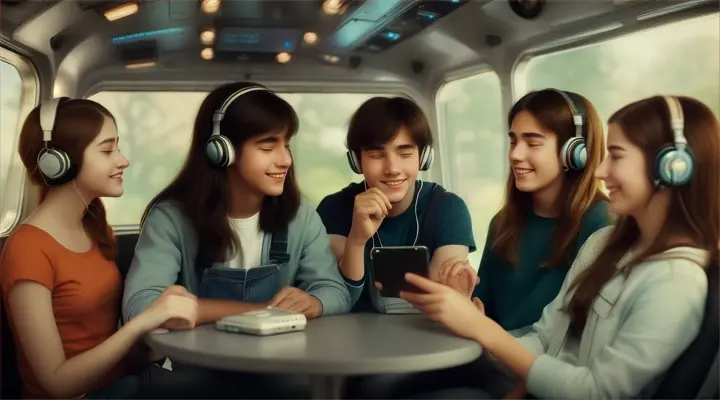 A group of young people sharing headphones to listen to the same song.