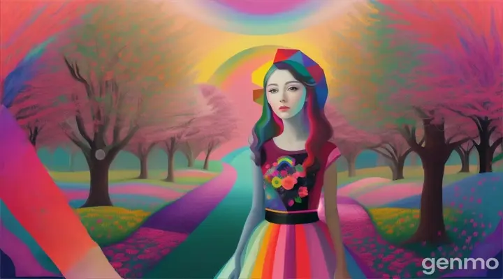 art illustration，rainbow，portrait，portrait，trees，rich and colorful, rainbow, small , Contrasting colors, in the spring landscape, icon design, Rozmin trip, vector art artistic illustration,rainbow,portraits,portrait,tree,diverse,colorful,rainbow,small,contrasting colors,in a spring landscape,icon design,journey of roses,vector art,(masterpiece:1.2),1 girl,alone,abstract surrealistic colors,trendy geometric surrealism,rainbow-colored dreams