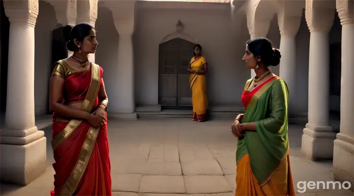 The scene begins in the quiet courtyard of a traditional Indian house, Prabha and Maya are talking. Prabha a 42-year-old woman is wearing a traditional red sari and green blouse and a dupatta on her head, she is standing in the middle of the courtyard. There is a look of suspicion and anger on her face, her eyes are intense and focused and she is greeted by Maya a 60-year-old woman wearing a traditional yellow sari and red blouse. Her white hair is tied back neatly, and her face reflects Prabha's suspicion. Maya walks up to Prabha, her face shows a mix of concern and rejection.