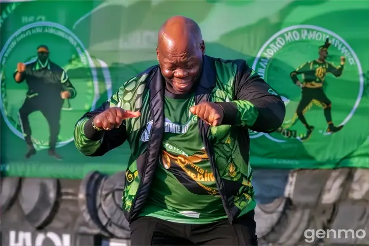 a zulu bald man in a green shirt is dancing doing a jig.