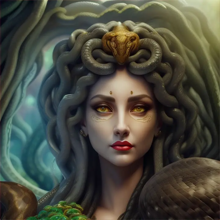 Side view of a Medusa, the Gorgon with snakes instead of hair, who turned anyone who looked at her to stone. She moves lightly and fluidly through a landscape dotted with rocks and plants on the island of Sarpedon. Her eyes flash dangerously, and the snakes on her head hiss threateningly as she surveys her surroundings. Despite her dangerous appearance, Medusa is fascinating and terribly beautiful.

Negative prompt:
A static, unanimated depiction of a Medusa that does not convey a sense of movement or fluidity, set in a mundane or uninteresting environment with no attention to detail or atmosphere. The description should not evoke any sense of danger, fascination, or beauty.