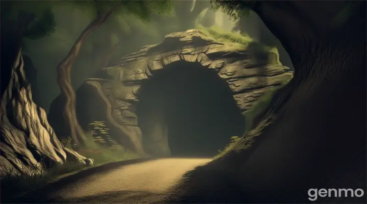 "A mysterious cave near a small village, shrouded in darkness with an ominous aura. The entrance is surrounded by thick foliage and eerie shadows.