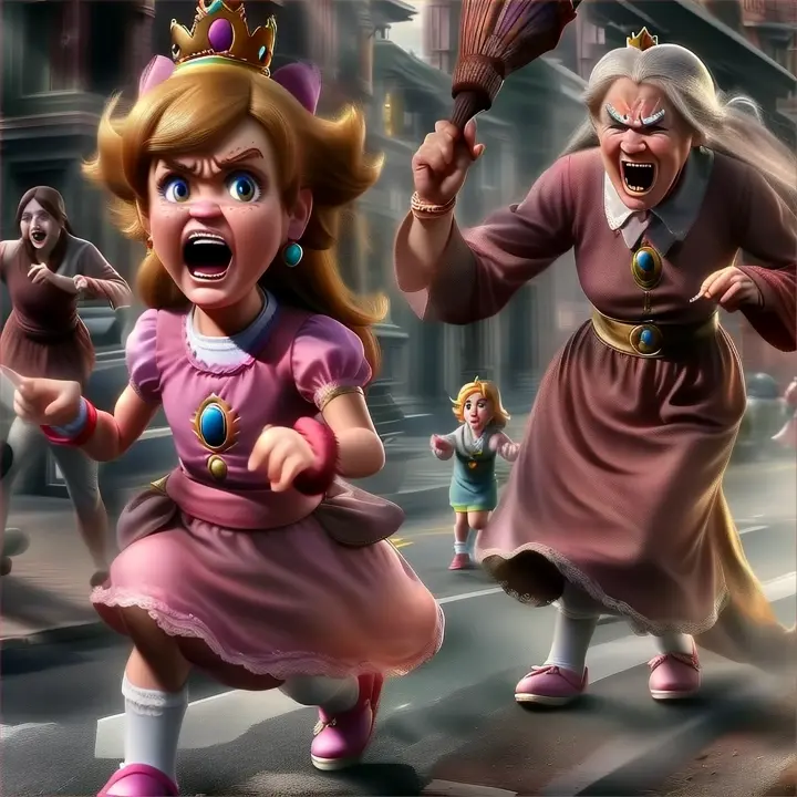 princess from game "mario" running away from old woman