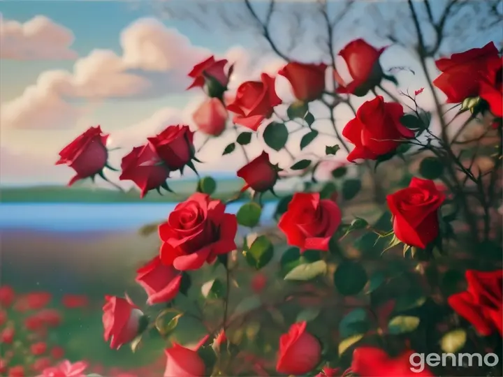 an ideal composition, an elegant branch of a rose bush with several open scarlet flowers against a blue sky with snow-white clouds on the horizon. The wide-angle lens perfectly conveys the picture, immersing the viewer in a cinematic and tender moment that truly embodies the essence of a touching scene of the beauty of nature