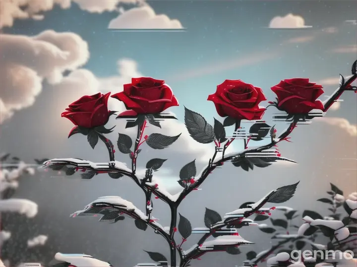an ideal composition, an elegant branch of a rose bush with several open scarlet flowers against a blue sky with snow-white clouds on the horizon. The wide-angle lens perfectly conveys the picture, immersing the viewer in a cinematic and tender moment that truly embodies the essence of a touching scene of the beauty of nature, only movement from the wind