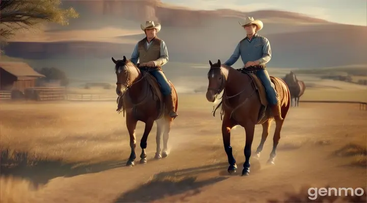 3d,Cut to a close-up shot of the cowboy's boots stepping into frame. The camera slowly pans up to reveal the cowboy, clad in classic attire with a 12-years boy.stands beside his horse, patting its neck affectionately.