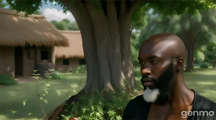 A tall African man in the a thick green village, walking in a thick village.Mysterious long beards and bald head. Sit down under a tree shedding tears. 16:9 ratio. 4k image quality. 