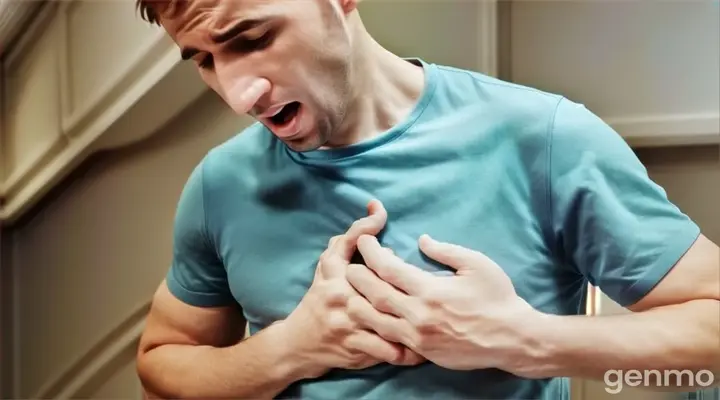 a man in a blue shirt holding his chest