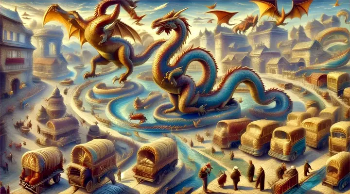 a painting of a dragon flying over a town