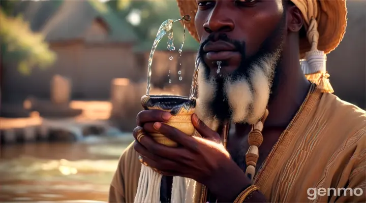 A tall African sojourner in a village washing his hands with water gushing out of his beard.realistic. 4k image quality. 16:9