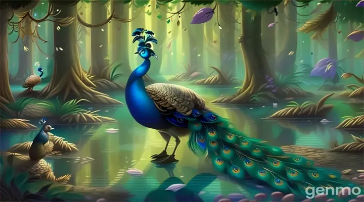 a painting of a peacock in a forest