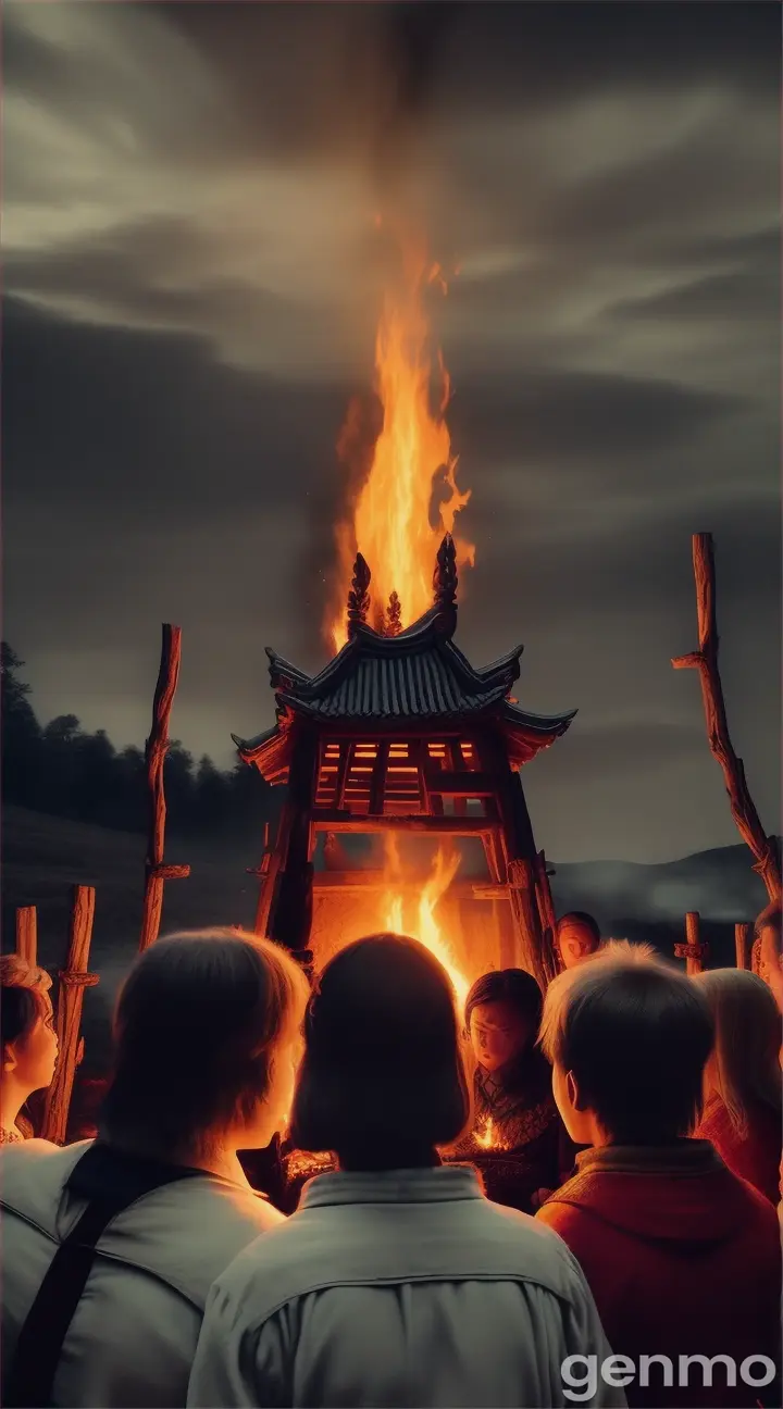 **Village Legends**: Generate an image of villagers gathered around a bonfire, narrating tales of the temple's haunting past, with expressions of intrigue and fear.