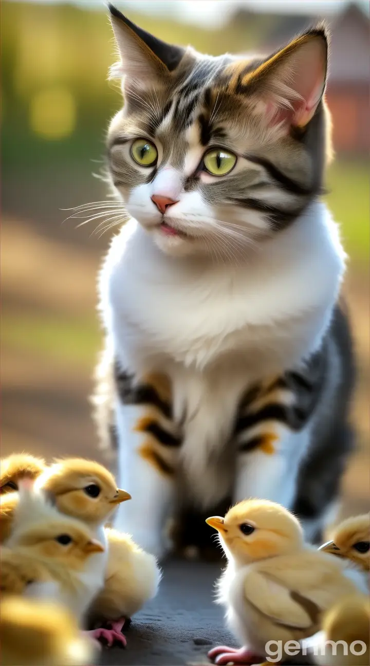 a cat plays with chicks