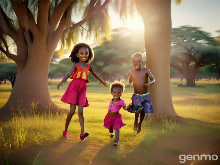 Malaika and Kwame as children, chasing each other playfully through tall grass under the shade of an ancient baobab tree.