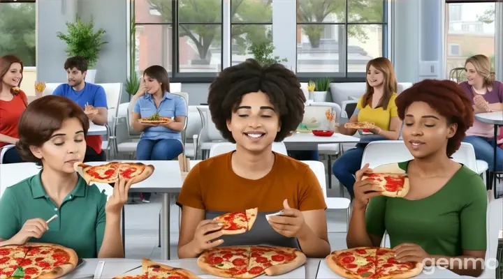 a group of people sitting around a table eating pizza