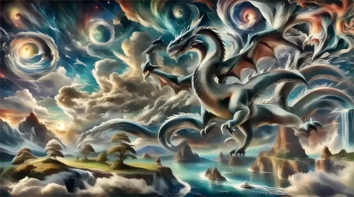 a painting of a dragon in the sky
