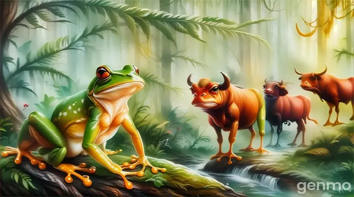 a painting of a frog and a bull in a forest