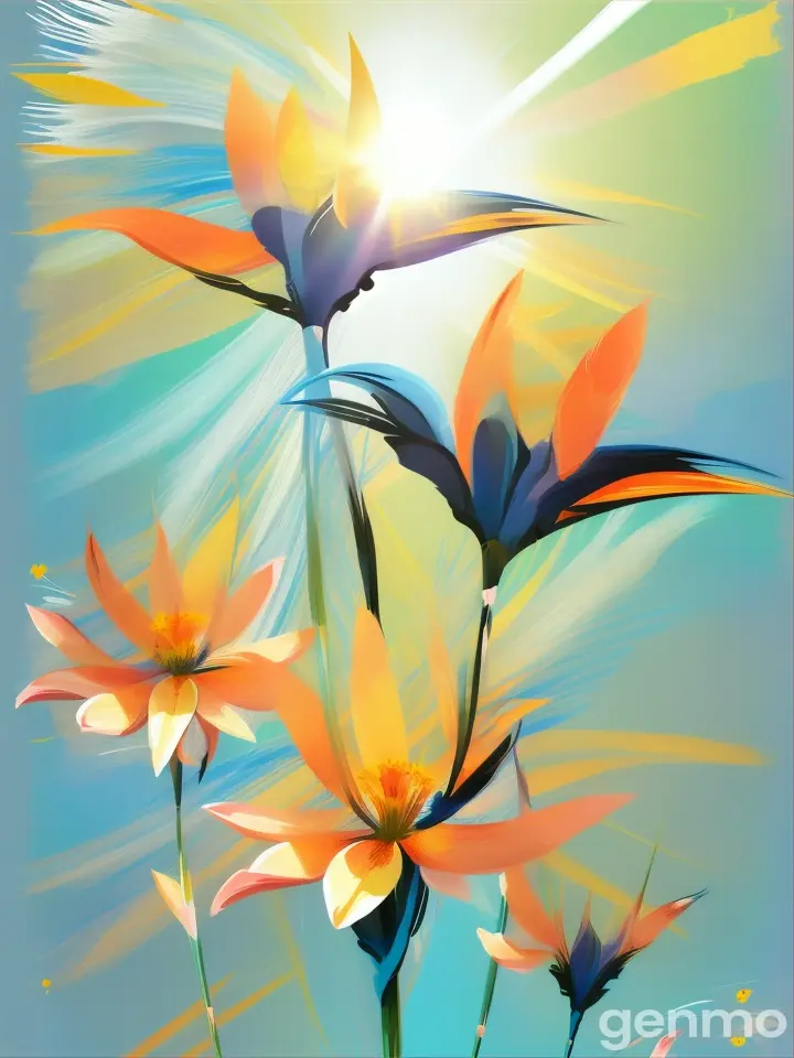 Drawing (brushstrokes with strokes, dashes, blots): three stylized Strelitzia flowers with stems flowers. against a background of blue sky and stylized sun with rays. On an abstract background with spots and strokes in 7277ff shades. To highlight: high in the sky is a yellow sun with clear rays. Рисунок (мазки со штрихами, черточками, кляксами): ТРИ стилизованных цветка Стрелиция со стеблями. на фоне голубого неба и стилизованного солнца с лучами. На абстрактном фоне с пятнами и штрихами в оттенках цвета 7277ff . Выделить особо: высоко в небе жёлтое солнце с чёткими лучами.