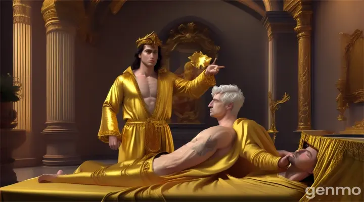 there are two men in gold underwear holding up golden sheet, flemish baroque by david lachapelle, cg society, transgressive art, gold linens, alex maksiov and john pugh, golden-white robes