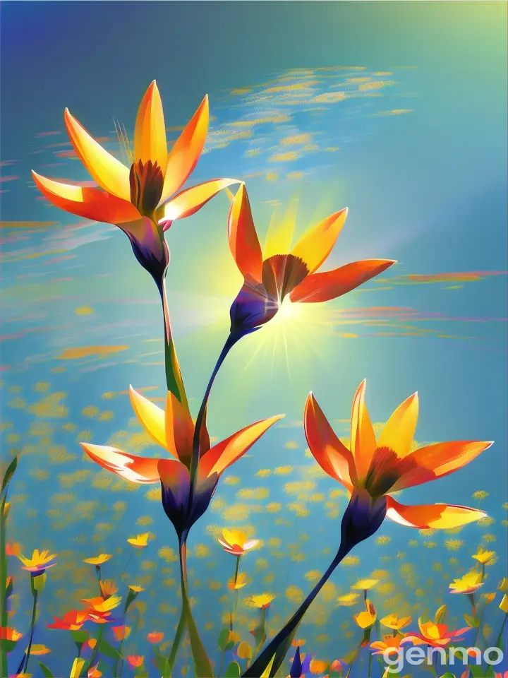 Drawing (brushstrokes with strokes, dashes, blots): three stylized Strelitzia flowers with stems flowers. against a background of blue sky and stylized sun with rays. On an abstract background with spots and strokes in 7277ff shades. To highlight: high in the sky is a yellow sun with clear rays. Рисунок (мазки со штрихами, черточками, кляксами): ТРИ стилизованных цветка Стрелиция со стеблями. на фоне голубого неба и стилизованного солнца с лучами. На абстрактном фоне с пятнами и штрихами в оттенках цвета 7277ff . Выделить особо: высоко в небе жёлтое солнце с чёткими лучами.