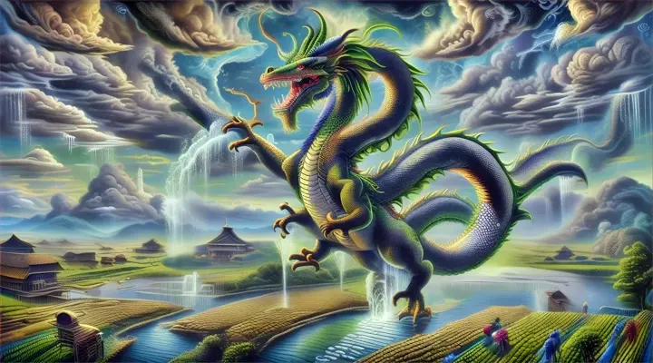 a painting of a dragon in the middle of a field