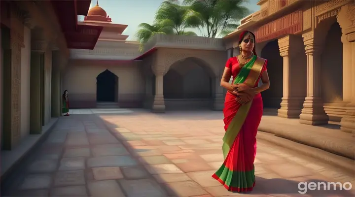 3D rendering background settings: Vibrant colours show Prabha, Narayan's 42-year-old wife, standing in the middle of the courtyard. She is wearing a traditional red sari, green blouse and has a scarf wrapped around her head. However, her face is completely different from the calm environment. There is tension on Prabha's face, her eyes filled with doubt and anxiety as she watches a mongoose and a nine-month-old baby playing nearby.