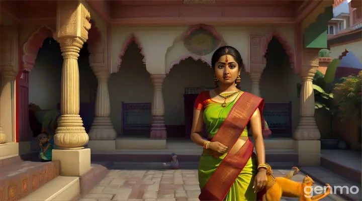 3D rendering background settings: Vibrant colours show Prabha watching a mongoose and a nine-month-old baby playing in the middle of the courtyard. She is wearing a traditional red sari, green blouse and a scarf wrapped around her head. However, her face is completely different from the calm surroundings. There is tension on Prabha's face, her eyes filled with doubt and worry
