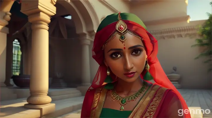 3D rendering background settings: vibrant colours show a mongoose and a nine-month-old baby playing in the middle of the courtyard. Prabha is watching them. She is wearing a traditional red sari, green blouse and a dupatta wrapped around her head. However, her face is completely different from the calm environment. There is tension on Prabha's face, her eyes are full of doubt and worry