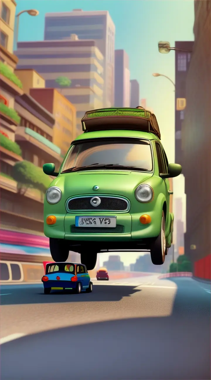 Animate Mr. Bean driving his small green car through the city, narrowly avoiding accidents and displaying his usual silly driving antics.