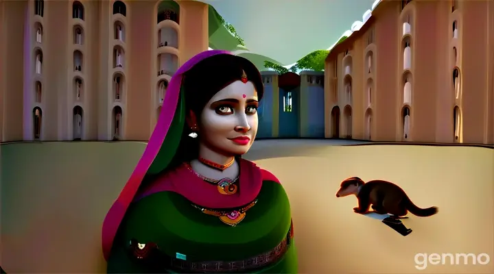 3D rendering background settings: Vibrant colours show a mongoose and a nine-month-old baby playing in the middle of the courtyard. Prabha is watching them from a distance. She is wearing a traditional red sari, green blouse and a dupatta wrapped around her head. However, her face is completely different from the calm environment. There is tension on Prabha's face, her eyes are full of doubt and worry