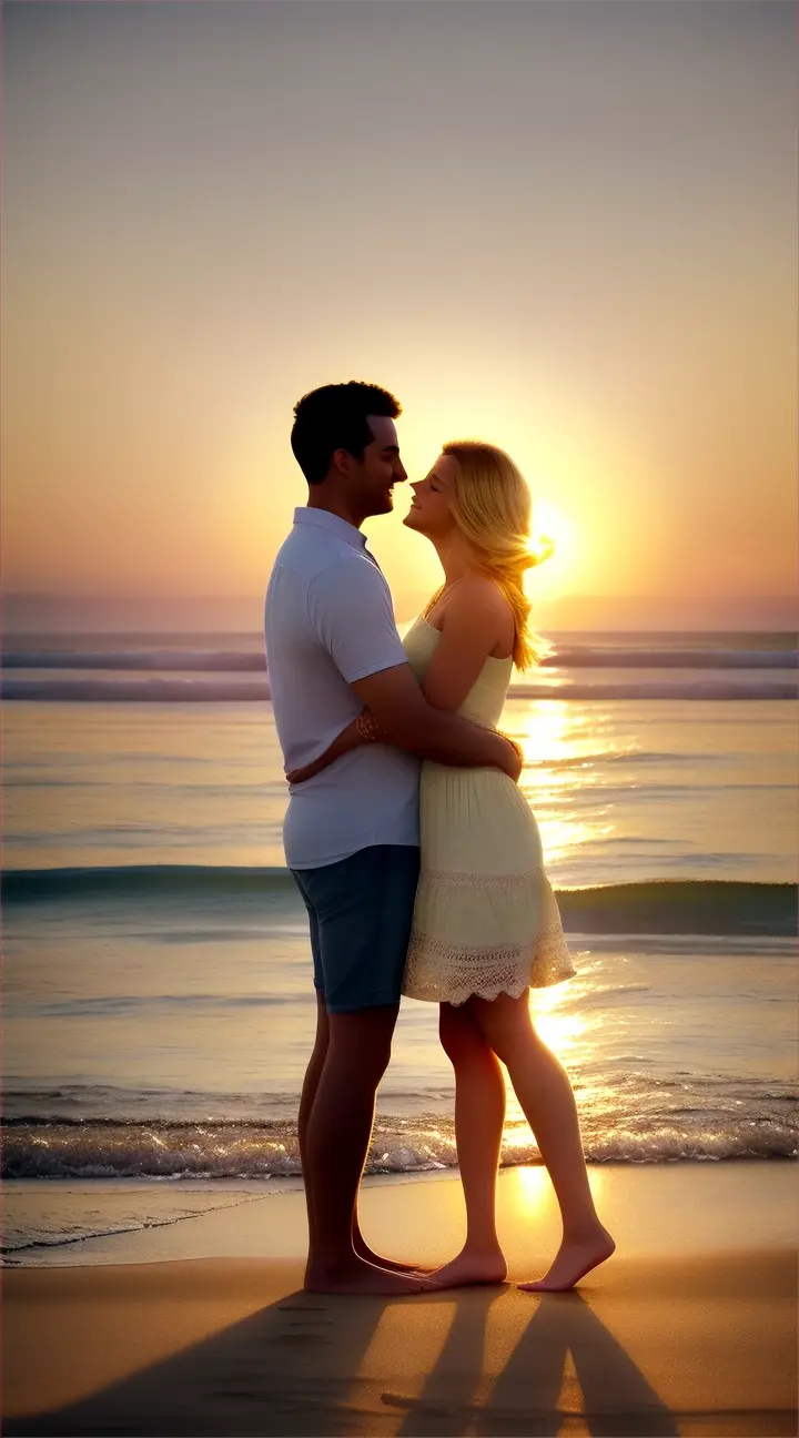 Setting: A picturesque beach at dawn.Characters: A man and a woman in love, carefree and happy.Actions: The girl tilts her head toward the sky, eyes closed, feeling the warmth of the sun on her face. Her hair shines in the sunlight.Details: The scene captures the golden rays of the sun casting a beautiful glow on her skin, emphasizing a moment of peace and bliss.