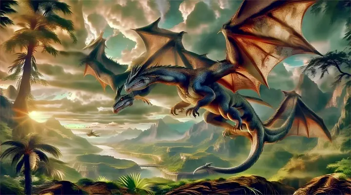 a dragon flying over a lush green forest