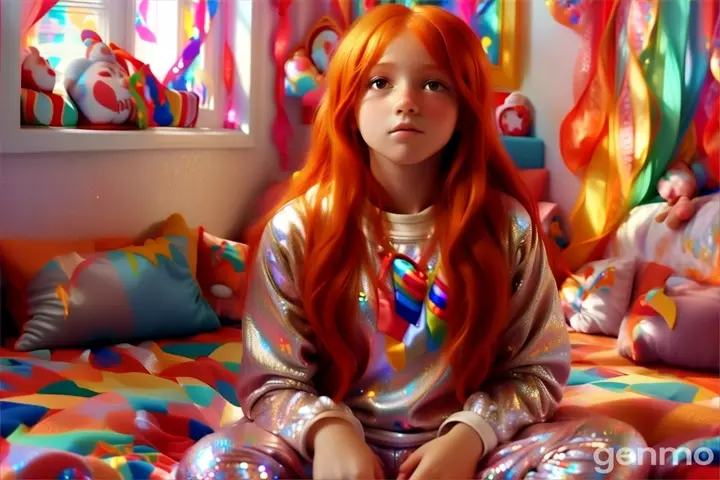 a girl with red hair sitting on a bed