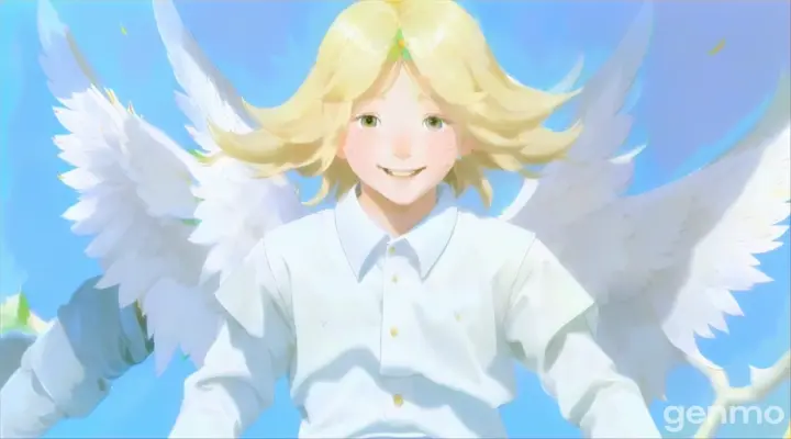 a young boy with blonde hair wearing a white shirt and angel wings flying in the sky with happy expression. With flying white pigeons