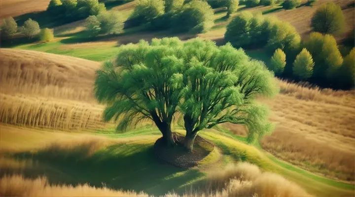 An aerial drone shot of a Willow tree in a meadow