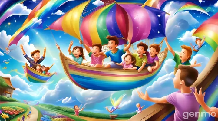 a group of children flying in a rainbow boat