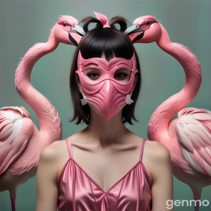 a woman wearing a flamingo mask breathing moving. 