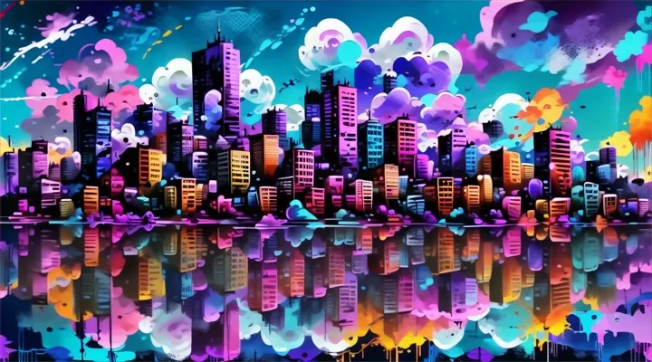 city with colorful clouds