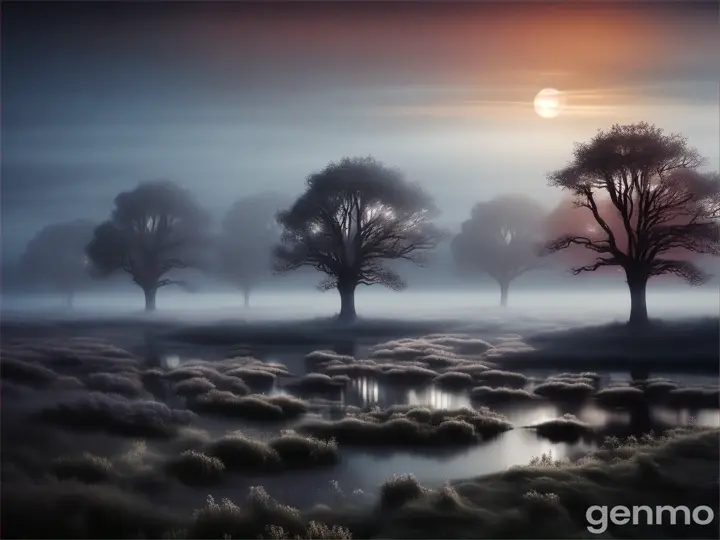 A misty moor in the night