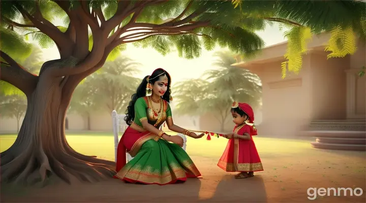 3D RENDERING VIBRANT COLOR The camera zooms in on Prabha 42-year-old woman. traditional attire, a red saree, a green blouse and a dupatta on head. face shows a suspicious and angry expression, eyes are intense. as she carefully places her 1-year-old son, Sundar, under the shade of the large tree. Sundar is peacefully sleeping, wrapped in a soft blanket, his small chest rising and falling rhythmically.