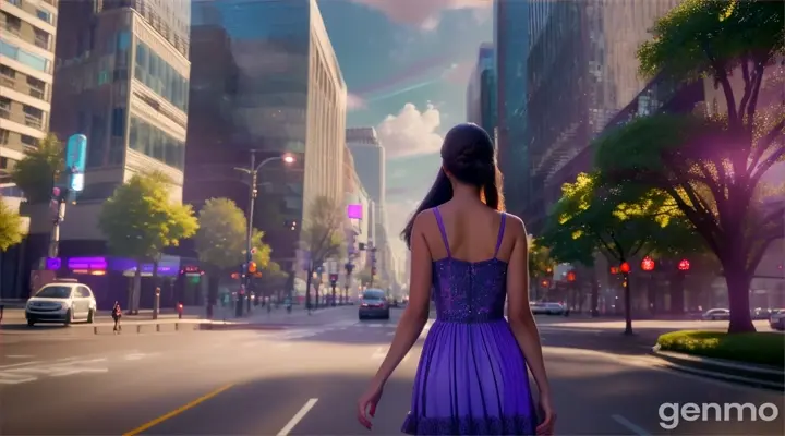 “Beautiful realistic girl with red hair walks down the street of a big city in a short purple futuristic strappy sundress, she looks around, around the houses are made of pixels, trees are made of pixels and clouds in the sky are made of pixels. vivid colors, intricate details, high detail, realistic, cinematic, studio shooting, wide angle lens, sharp focus, best shadows, depth of field, ultra realistic detailed lighting, volumetric lighting, cinematic lighting, dramatic lighting, rays of light, cinematic, 8k, hdr, high resolution”