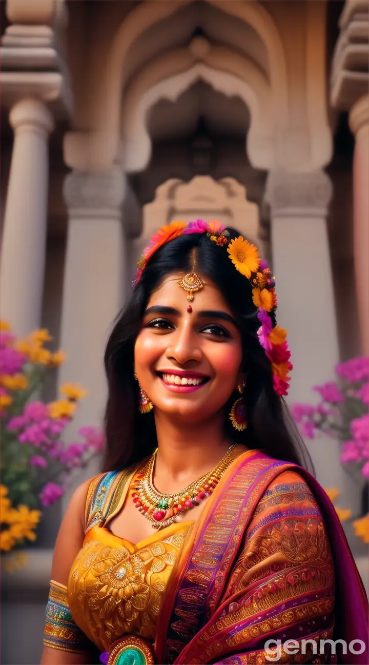 An Indian woman surrounded by vibrant, floating flowers, in a joyful and serene pose