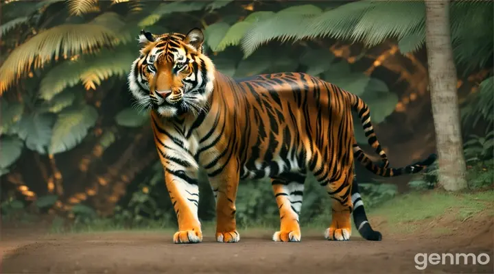 An imposing Bengal tiger, standing, full body. with its bright orange fur and thick black stripes. He moves his head from left to right.  16:9