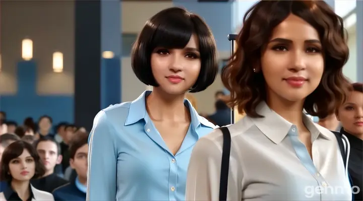 in the building hall, a fake smiling woman with Black Bob Cut Hair in sky blue long sleeve blouse shirt and a woman with brown Curly bob cut Hair in long sleeve cream blouse shirt holding a glass of wine standing in front of a crowd looking at something