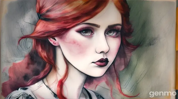 Rustic Sketchbook Style, Sketch Book, Hand Drawn, Dark, Gritty, Realistic Sketch, Rough Sketch, Mix of Bold Dark Lines and Loose Lines, Bold Lines, On Paper, Turnaround Character Sheet, Natural Light, Dynamic, Highly Detailed, Watercolor Painting, Watercolor Paper, Artstation, Concept Art, Smooth and Crisp, Sharp Focus, Illustration, Goth girl ((Young, Beautiful)), Roses, ((Redhead)), Anime ((Studio Ghibli)) 16:9