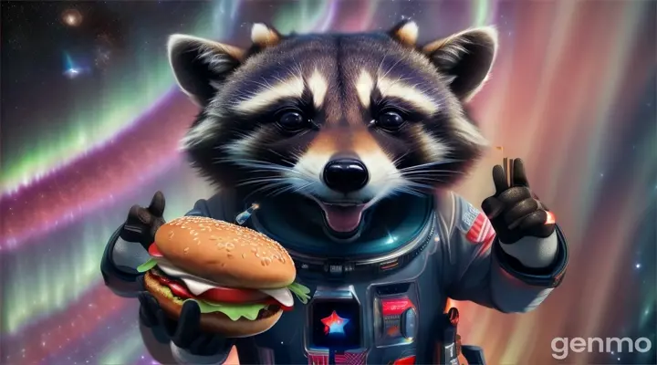 Racoon In space eating Burger