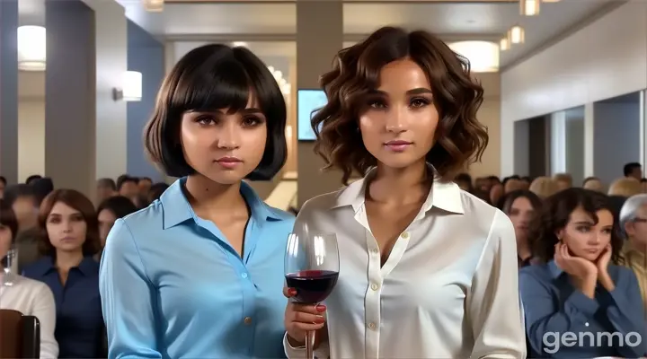 in the building hall, a young woman with Black Bob Cut Hair in sky blue long sleeve blouse shirt and a young woman with brown Curly bob cut Hair in long sleeve cream blouse shirt holding a glass of wine sitting in front of a crowd talking