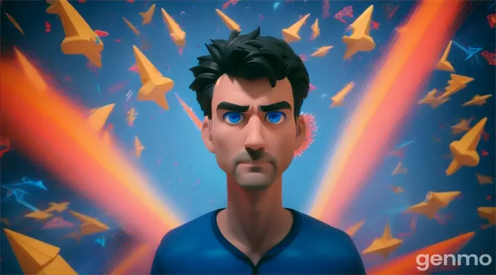 man surrounded by flying question marks, blue background, pixar style